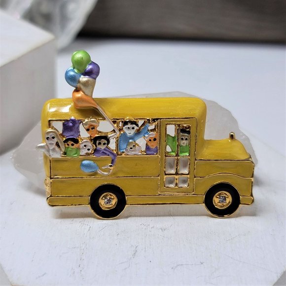 Cute Yellow School Bus Pin Brooch Enameled, Kids, Rhinestones - Picture 5 of 7
